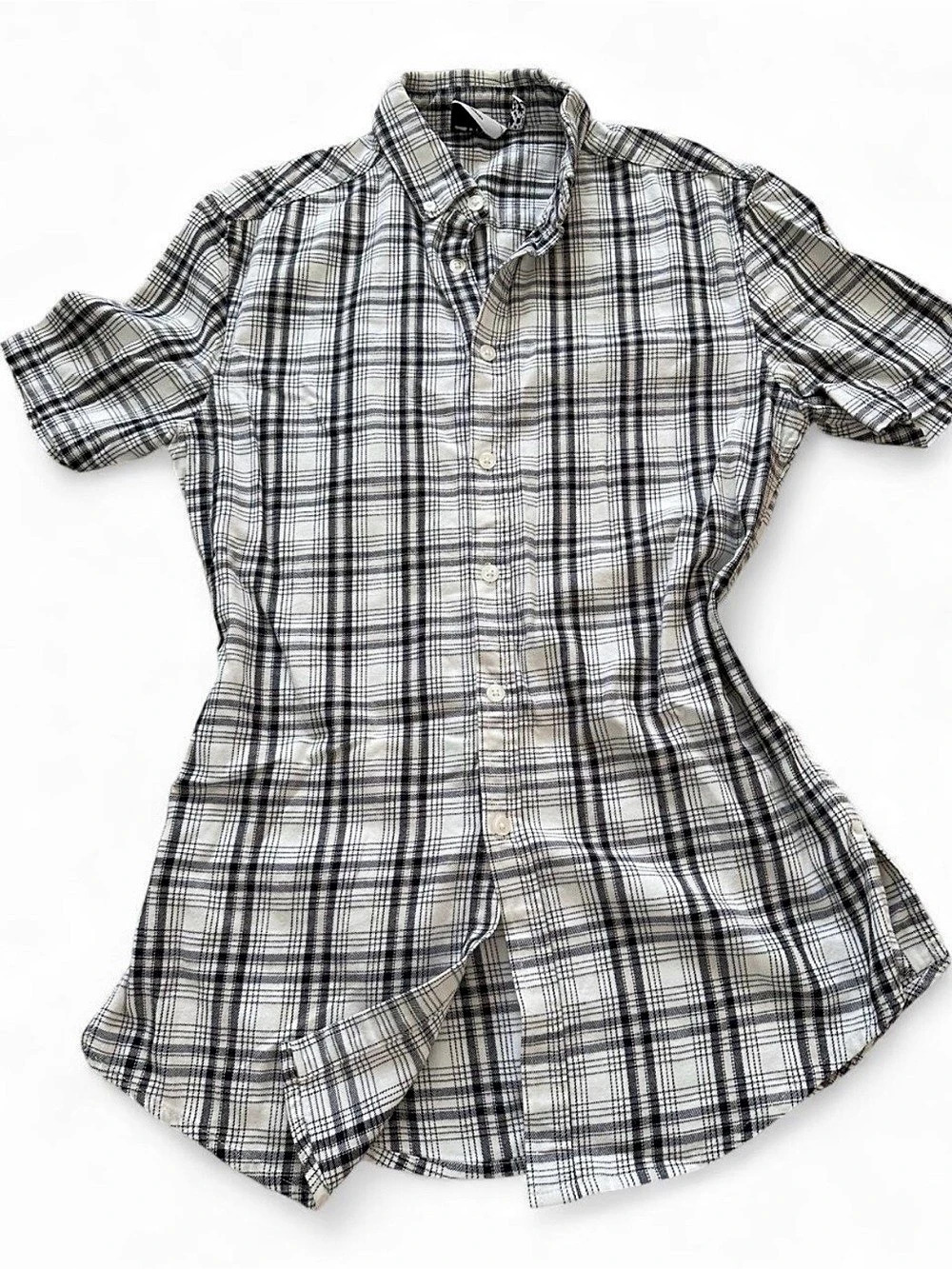 ASOS Women Short Sleeve Plaid Button Down Shirt White Black Gray Checked Blouse